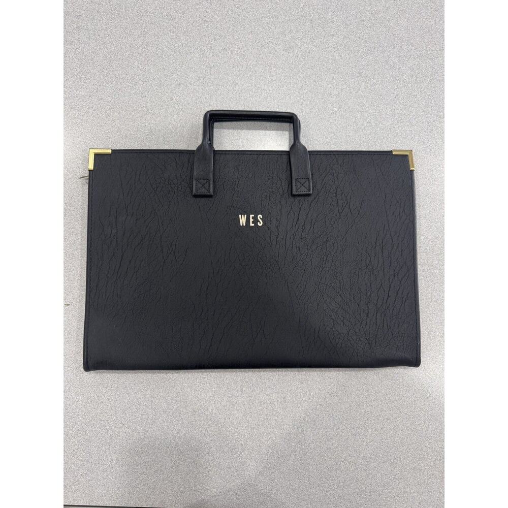 Vintage Hazel Black Leather Portfolio/ Briefcase With Handle Gold Accent